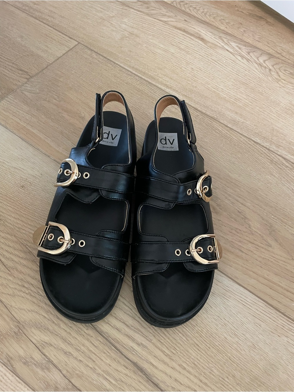 DV by Dolce Vita Black Sandals with Gold Buckles